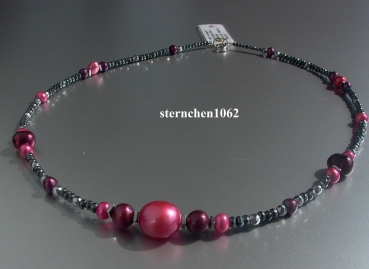 Hämatit - Kette mit pinkfarbenen Süsswasser-Perlen - 45 cm - 925 Silber