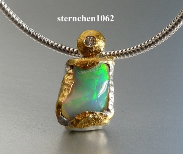 Einzelstück * Halskette mit Opal / Brillant Anhänger * 925 Silber * 24 ct Gold
