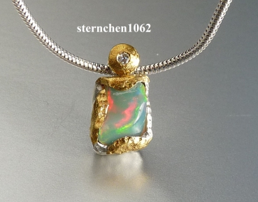 Preview: Einzelstück * Halskette mit Opal / Brillant Anhänger * 925 Silber * 24 ct Gold