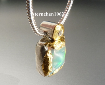 Necklace with Opal / Brilliant * 925 Silver * 24 ct gold *