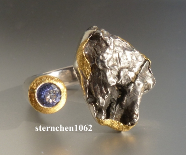 Unique Ring * 925 Silver * 24 ct Gold * Meteorite - Stone * Tanzanite