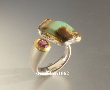 Preview: Ausgefallenes Einzelstück * Ring * 925 Silber * 24 ct Gold * Türkis * Turmalin
