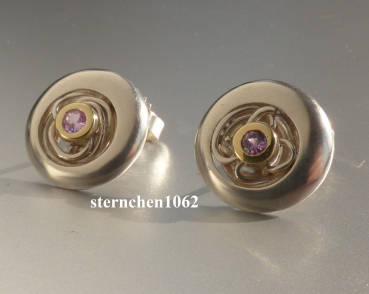 Preview: Einzelstück * Ohrstecker * 925 Silber * 750 Gold * rosa Saphir *