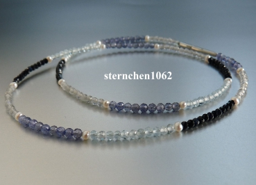 Preview: Tolle Edelstein Kette * Aquamarin * Mondstein * Saphir * Lolit * Süsswasserperle * Edelstahl