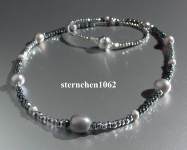 Hämatit - Kette mit  grauen Süsswasser-Perlen * 925 Silber *