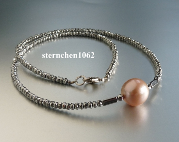 Hematite Necklace with pink freshwater Pearl