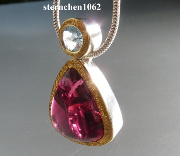 Preview: Einzelstück * Halskette Kette mit Turmalin & Aquamarin Anhänger * 925 Silber * 24 ct
