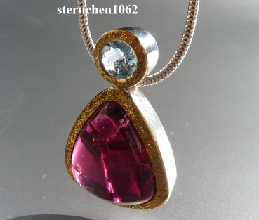 Preview: Einzelstück * Halskette Kette mit Turmalin & Aquamarin Anhänger * 925 Silber * 24 ct