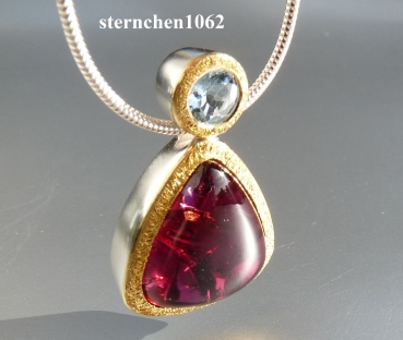 Unique piece * Necklace with pink tumaline & aquamarine pendant * 925 Silver * 24 ct gold *