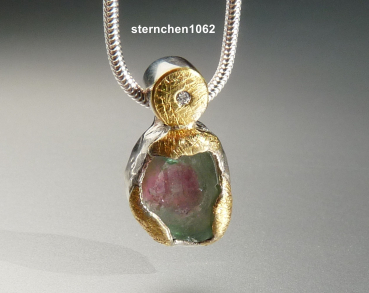 Necklace with Tourmaline Pendant * Brilliant * 925 Silver * 24 ct Gold *