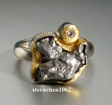 Unique Ring * 925 Silver * 24 ct Gold * Meteorite - Stone * Brilliant