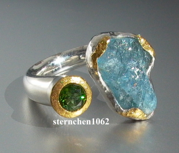 ausgefallenes Einzelstück * Ring * 925 Silber * 24 ct Gold * Aquamarine * Grüner Turmalin