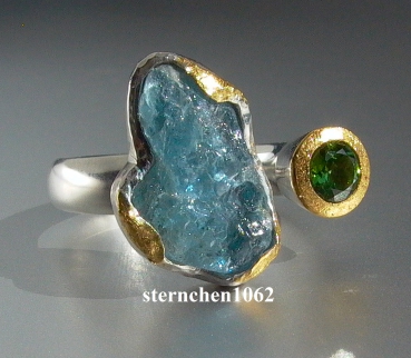 Preview: ausgefallenes Einzelstück * Ring * 925 Silber * 24 ct Gold * Aquamarine * Grüner Turmalin