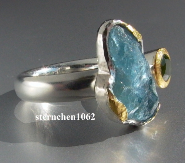 Preview: ausgefallenes Einzelstück * Ring * 925 Silber * 24 ct Gold * Aquamarine * Grüner Turmalin