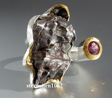 Preview: Ausgefallenes Einzelstück * Ring * 925 Silber * 24 ct Gold * Meteorit - Stein * Turmalin