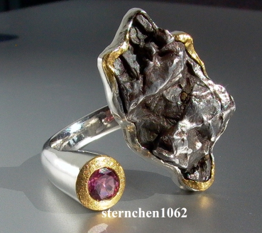 Ausgefallenes Einzelstück * Ring * 925 Silber * 24 ct Gold * Meteorit - Stein * Turmalin