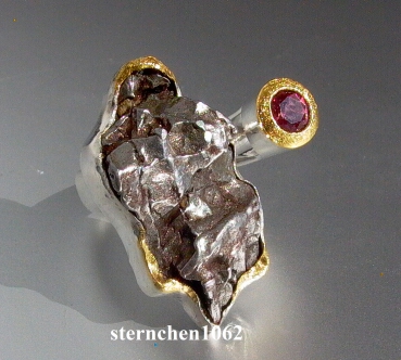 Unique Ring * 925 Silver * 24 ct Gold * Meteorite - Stone * Tourmaline