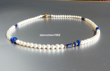 Edle Süsswasser-Perlenkette * Lapislazuli * 925 Silber vergoldet * 585 Gold
