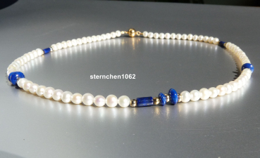 Preview: Edle Süsswasser-Perlenkette * Lapislazuli * 925 Silber vergoldet * 585 Gold