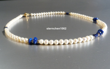 Preview: Edle Süsswasser-Perlenkette * Lapislazuli * 925 Silber vergoldet * 585 Gold