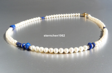 Preview: Edle Süsswasser-Perlenkette * Lapislazuli * 925 Silber vergoldet * 585 Gold
