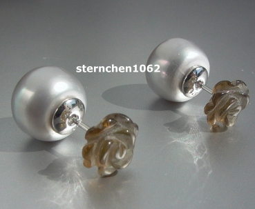 Preview: Ausgefallene Ohrringe * Ohrstecker * Double Face * Süßwasserperle grau * 925 Silber * Onyx-Blume