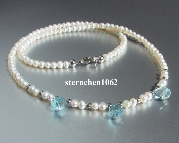 Kette mit Süsswasser-Perlen und Blautopas - 45 cm - 925 Silber