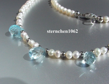 Kette mit Süsswasser-Perlen und Blautopas - 45 cm - 925 Silber