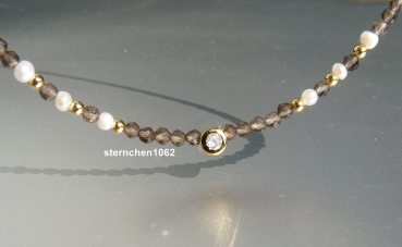 Fancy gemstone chain * faceted smoky quartz * zirconia * Pearls * 925 silver * gold-plated
