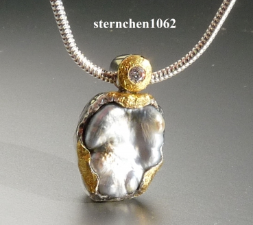 Preview: Einzelstück * Halskette mit Tahiti Perle / Brillant Anhänger * 925 Silber * 24 ct Gold