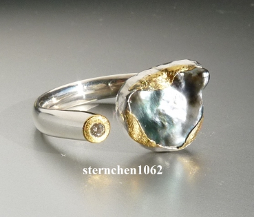 Unique * Ring * 925 Silver * 24 ct Gold * Tahitian Pearl * Brilliant