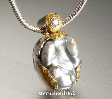 Preview: Einzelstück * Halskette mit Tahiti Perle / Brillant Anhänger * 925 Silber * 24 ct Gold