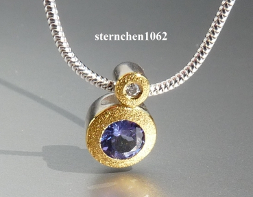 Preview: Einzelstück * Halskette mit Tansanit - Anhänger * Brillant * 925 Silber * 24 ct Gold