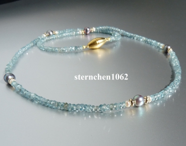 Preview: Ausgefallene Edelstein Kette *  facettierter Zirkon * Perlen * 925 Silber * 585 Gold