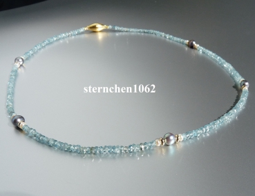 Preview: Ausgefallene Edelstein Kette *  facettierter Zirkon * Perlen * 925 Silber * 585 Gold