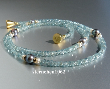 Preview: Ausgefallene Edelstein Kette *  facettierter Zirkon * Perlen * 925 Silber * 585 Gold