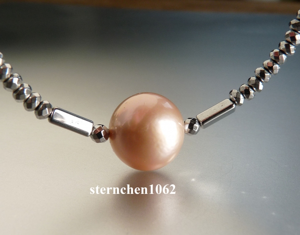 Hematite Necklace with pink freshwater Pearl