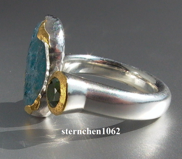 ausgefallenes Einzelstück * Ring * 925 Silber * 24 ct Gold * Aquamarine * Grüner Turmalin