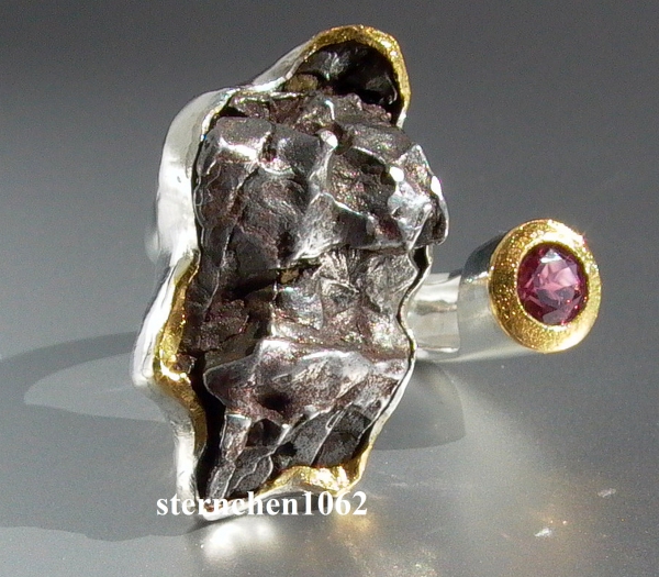 Ausgefallenes Einzelstück * Ring * 925 Silber * 24 ct Gold * Meteorit - Stein * Turmalin